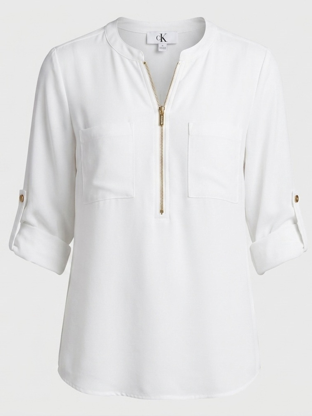 Calvin Klein Gold Half Zip Blouse w/ Cuffed Sleeves & Front Pockets Size Small